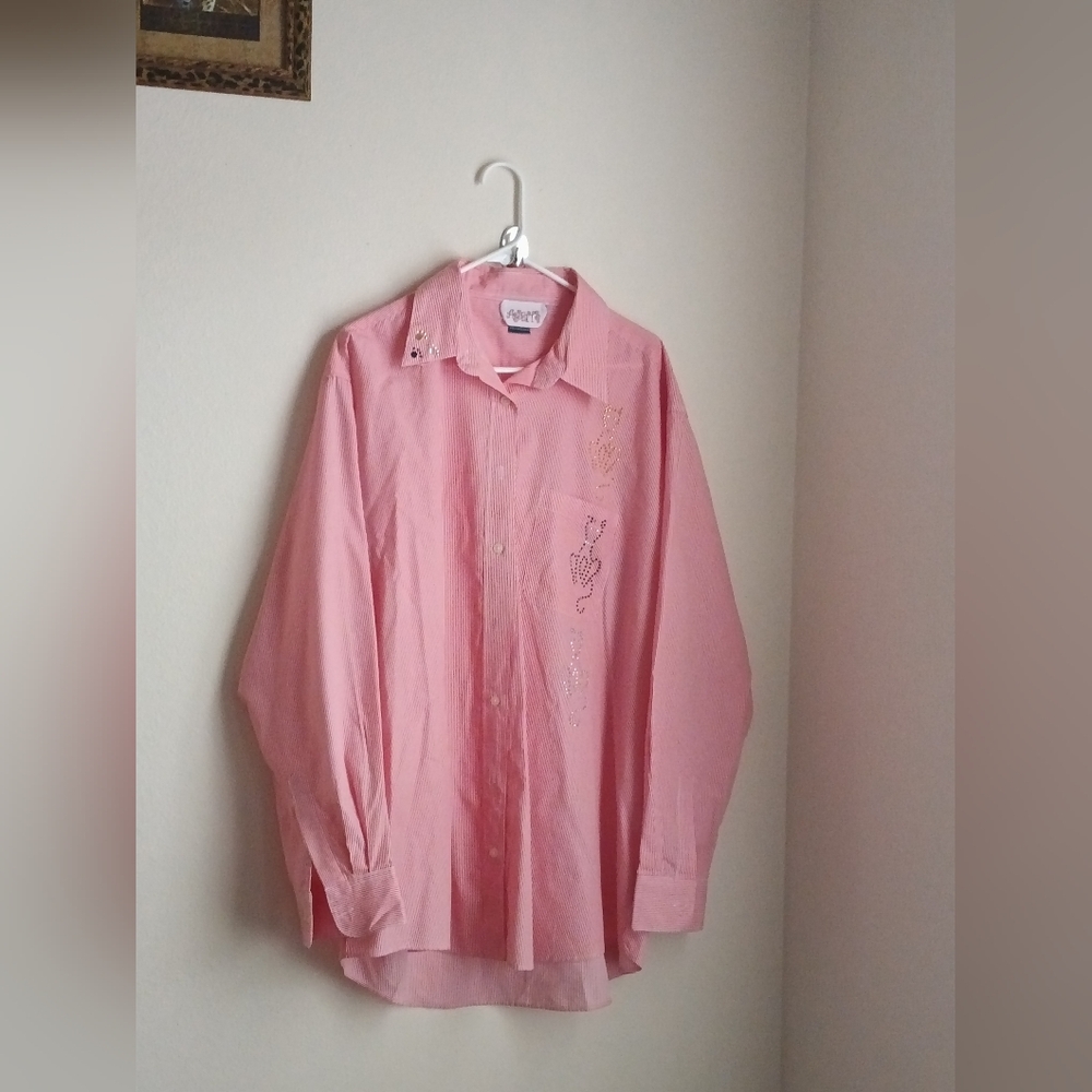 Assets Blouse Women 1X Red & White Casual Button Down Shirt Artsy Embellishments